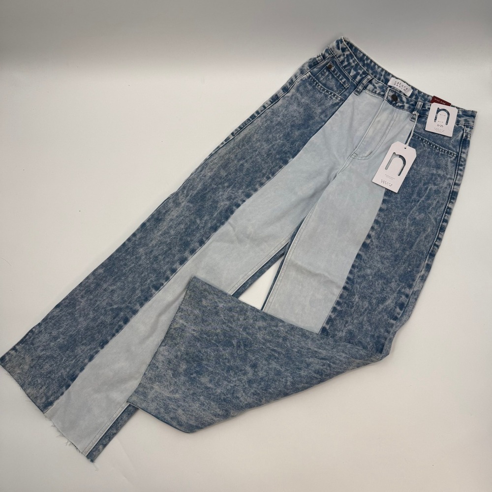 Nature Denim Womens 3 High Rise Jeans Blue Two Tone Acid Wash Wide Leg Raw Hem